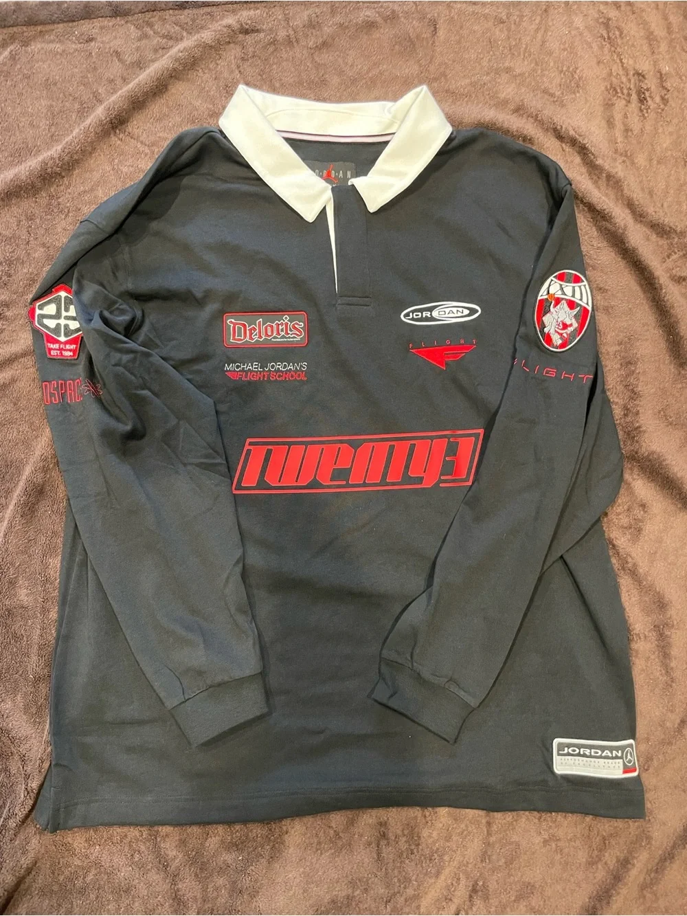 Jordan Black Long-Sleeve Rugby Polo with Red Accents and White Collar